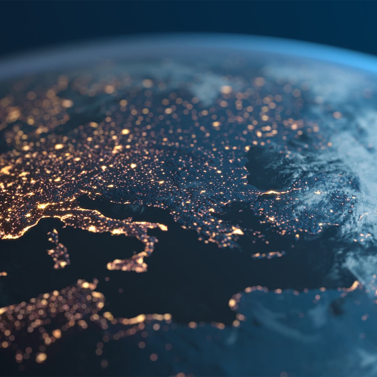 Globe map of Europe at night time viewed from space.